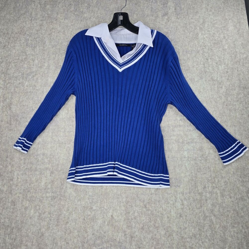 K.B. Collections Blue & White Ribbed Long Sleeve V-Neck Sweater XL